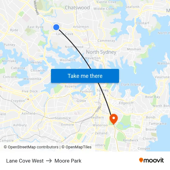 Lane Cove West to Moore Park map