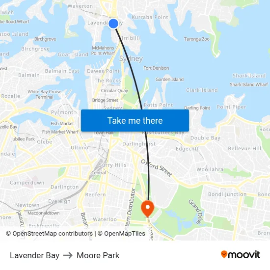 Lavender Bay to Moore Park map