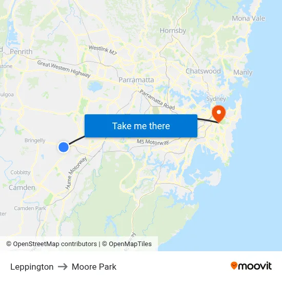 Leppington to Moore Park map