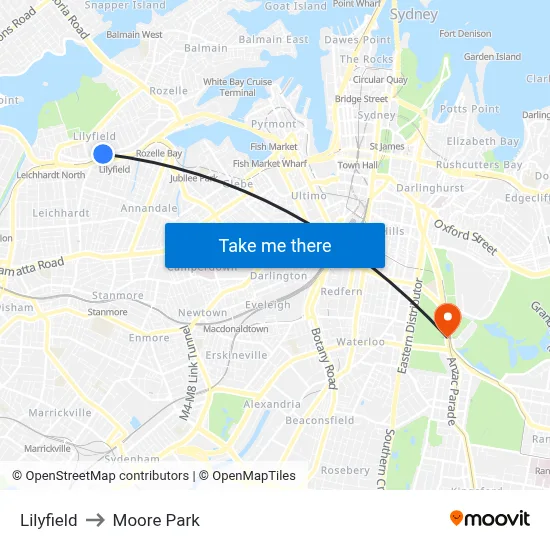 Lilyfield to Moore Park map