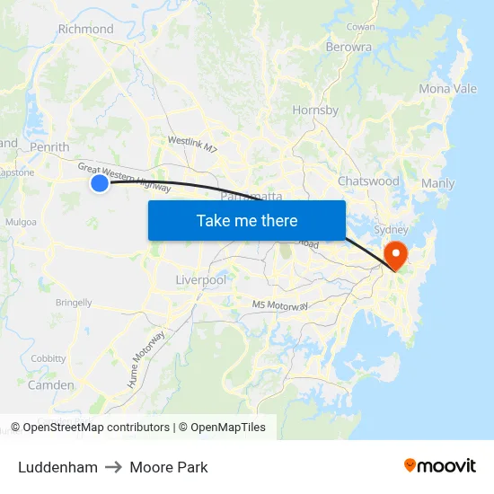 Luddenham to Moore Park map