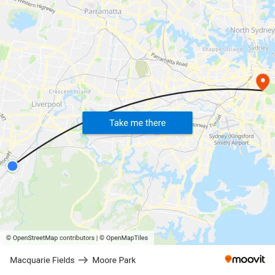 Macquarie Fields to Moore Park map