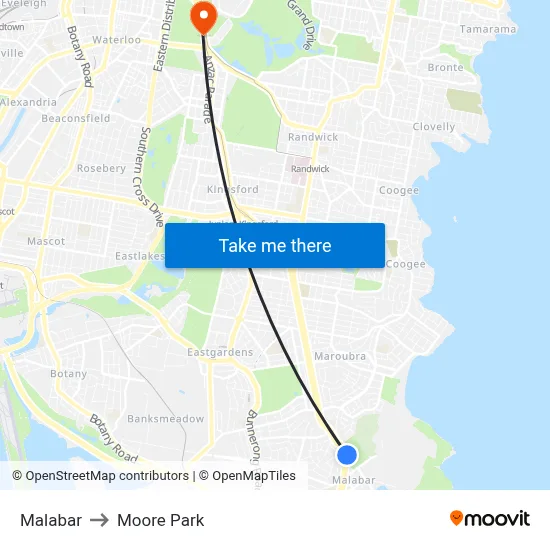 Malabar to Moore Park map