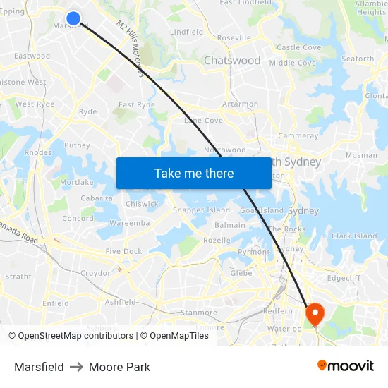 Marsfield to Moore Park map
