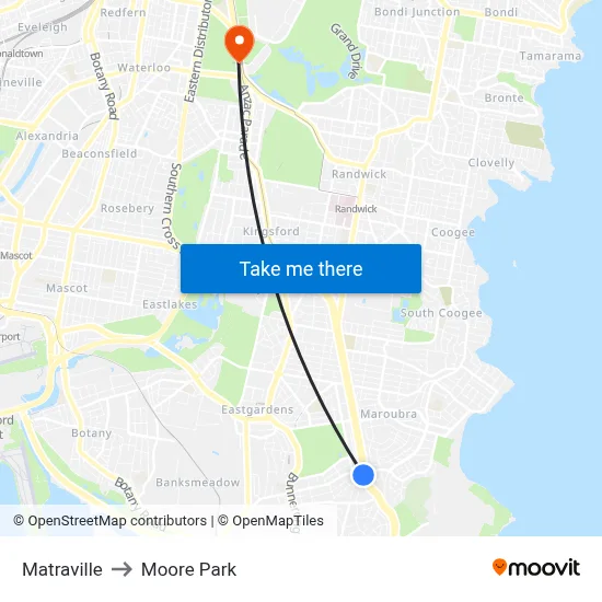 Matraville to Moore Park map