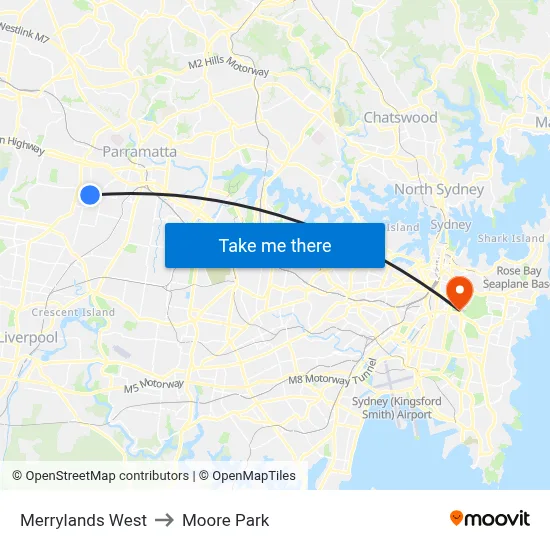 Merrylands West to Moore Park map