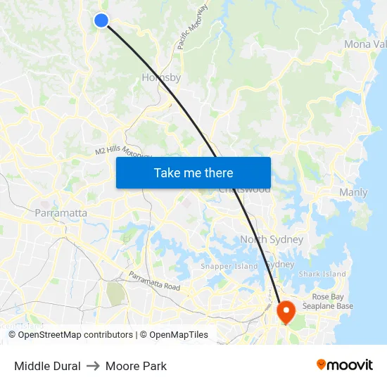 Middle Dural to Moore Park map