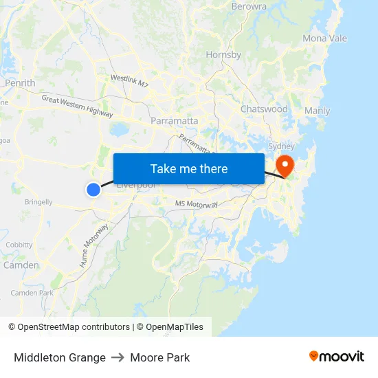 Middleton Grange to Moore Park map