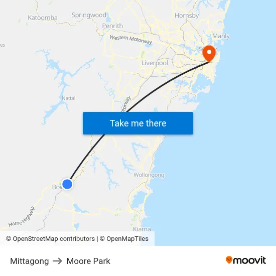 Mittagong to Moore Park map