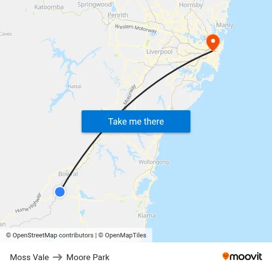 Moss Vale to Moore Park map
