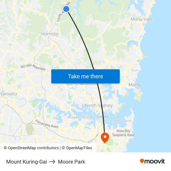 Mount Kuring-Gai to Moore Park map