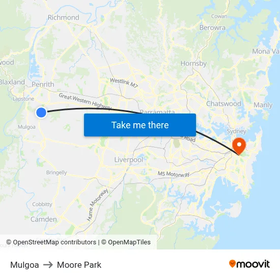 Mulgoa to Moore Park map