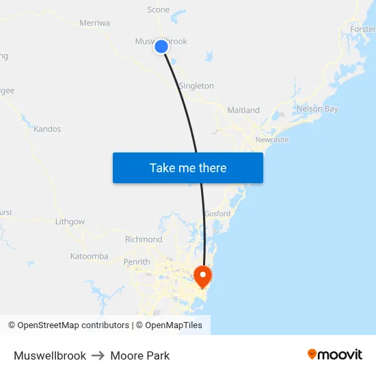 Muswellbrook to Moore Park map