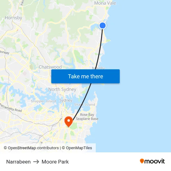 Narrabeen to Moore Park map