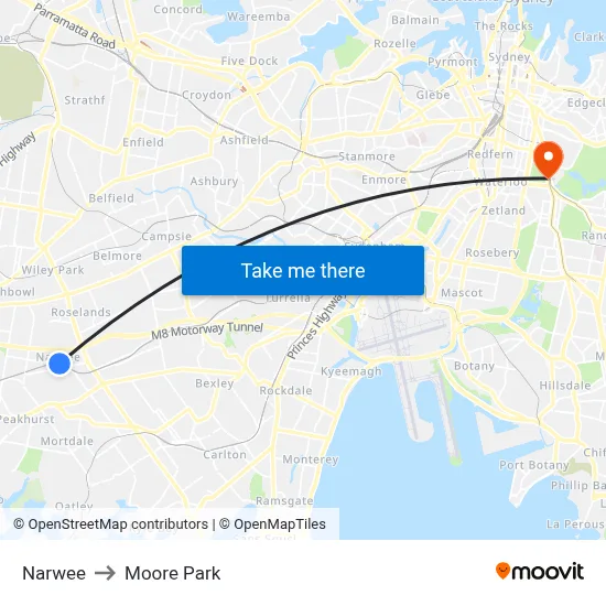 Narwee to Moore Park map