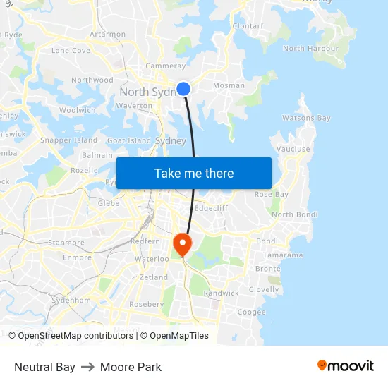 Neutral Bay to Moore Park map