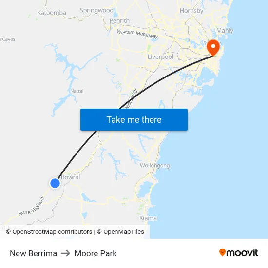 New Berrima to Moore Park map