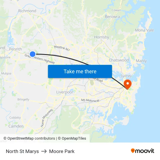 North St Marys to Moore Park map