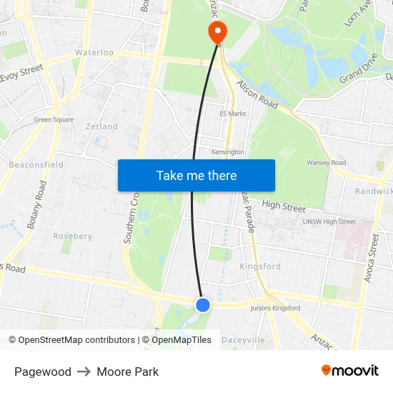 Pagewood to Moore Park map