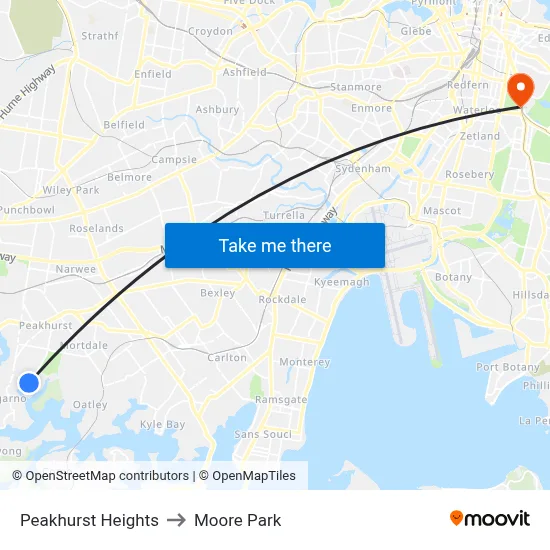Peakhurst Heights to Moore Park map