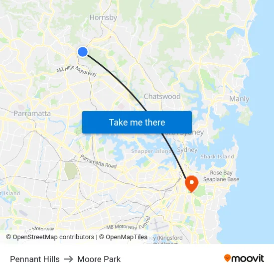 Pennant Hills to Moore Park map