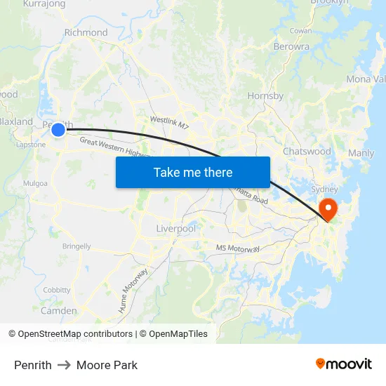 Penrith to Moore Park map