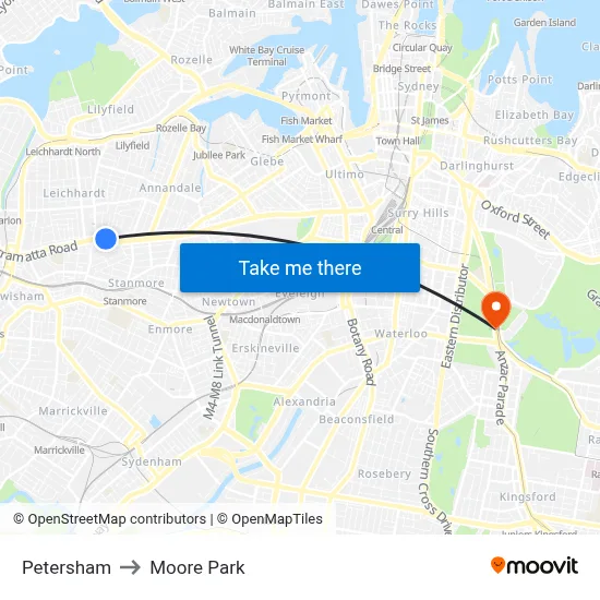 Petersham to Moore Park map