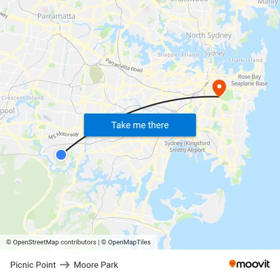 Picnic Point to Moore Park map