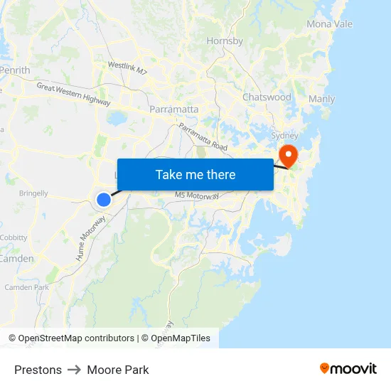 Prestons to Moore Park map