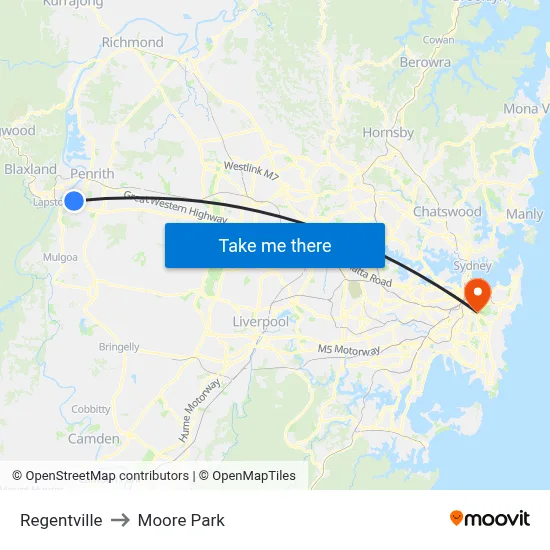 Regentville to Moore Park map
