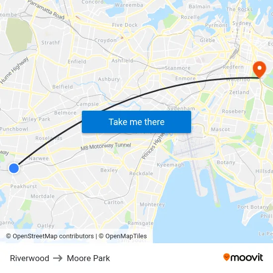 Riverwood to Moore Park map