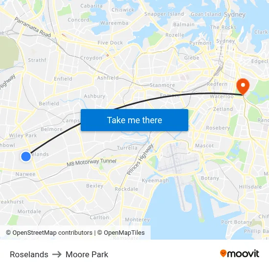 Roselands to Moore Park map
