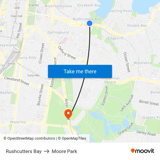 Rushcutters Bay to Moore Park map