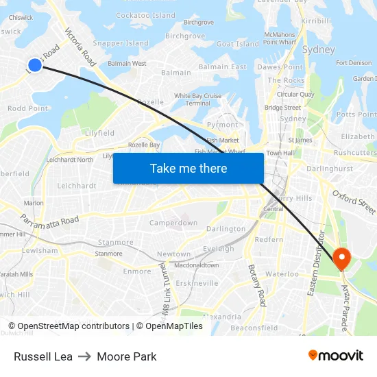 Russell Lea to Moore Park map