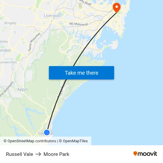 Russell Vale to Moore Park map