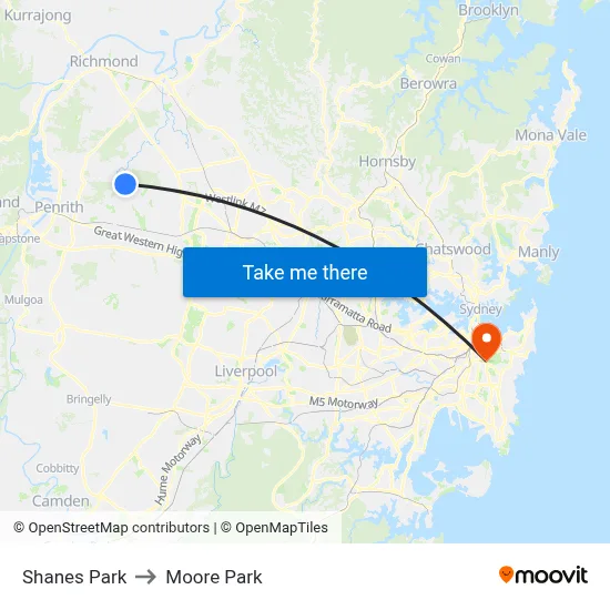 Shanes Park to Moore Park map