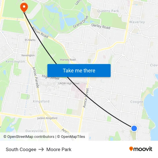 South Coogee to Moore Park map