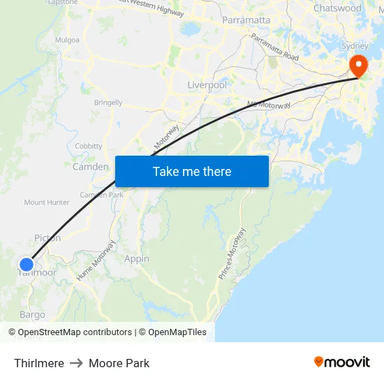 Thirlmere to Moore Park map