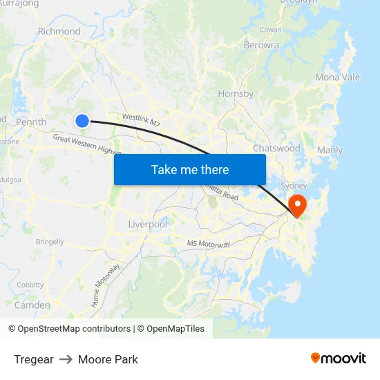 Tregear to Moore Park map