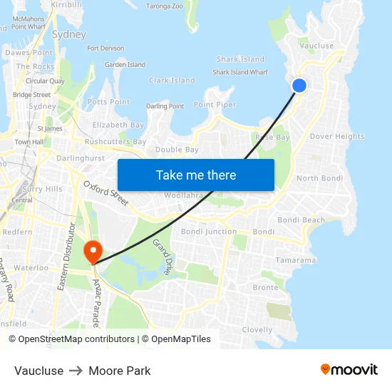 Vaucluse to Moore Park map