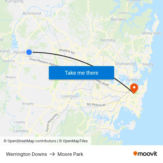 Werrington Downs to Moore Park map