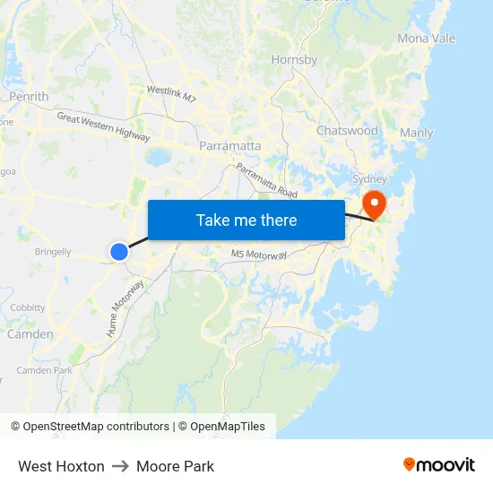 West Hoxton to Moore Park map