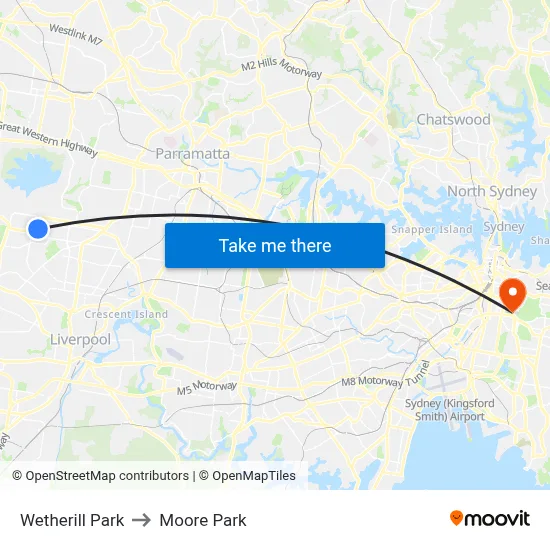 Wetherill Park to Moore Park map