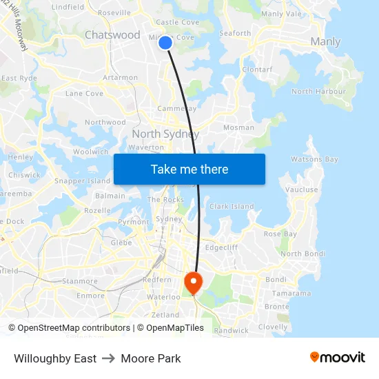 Willoughby East to Moore Park map