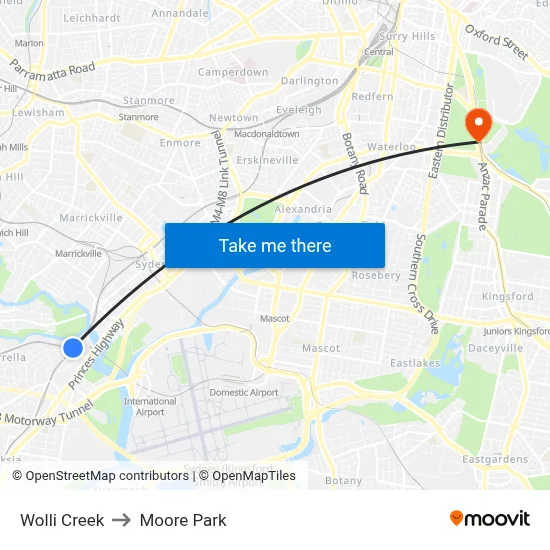 Wolli Creek to Moore Park map