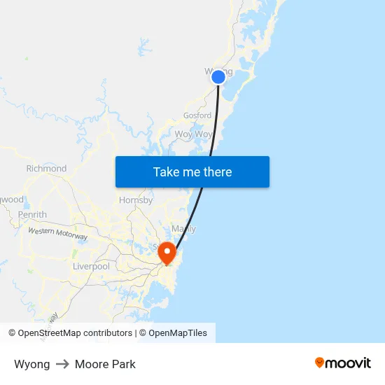 Wyong to Moore Park map