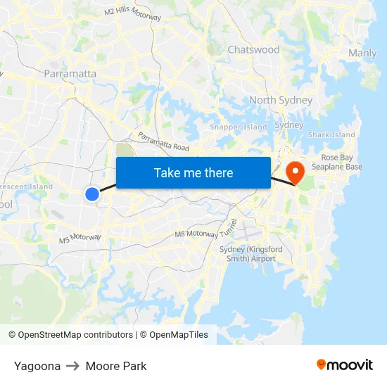 Yagoona to Moore Park map
