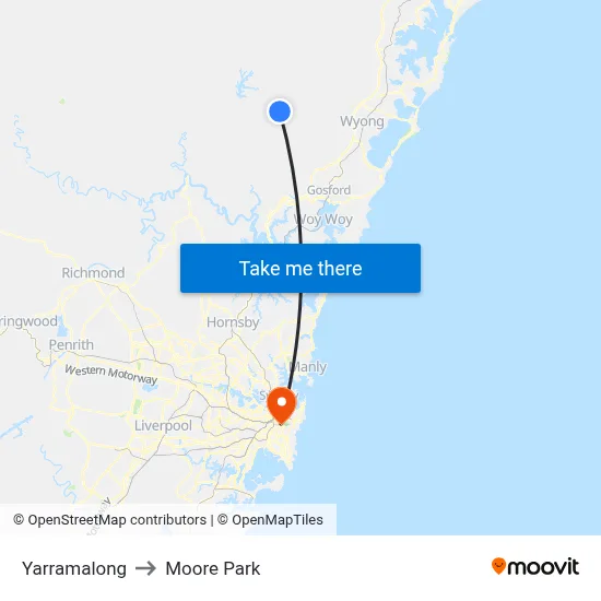Yarramalong to Moore Park map