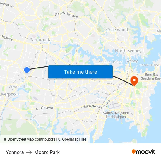 Yennora to Moore Park map