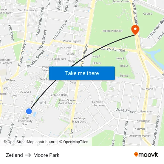 Zetland to Moore Park map